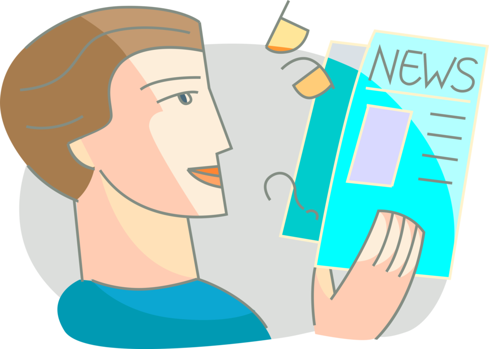 Vector Illustration of Man Reads Newspaper Serial Publication Containing News, Articles, and Advertising