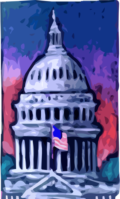 Vector Illustration of United States Capitol Seat of Government Congress Washington, District of Columbia with American Flag