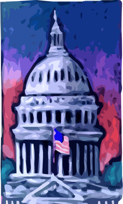 Vector Illustration of United States Capitol Seat of Government Congress Washington, District of Columbia with American Flag