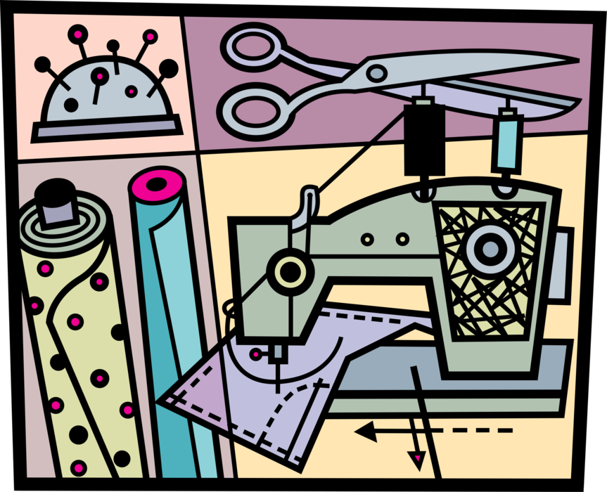 Vector Illustration of Fashion Industry Dressmaker and Seamstress Home Sewing Machine for Stitching and Mending Fabric