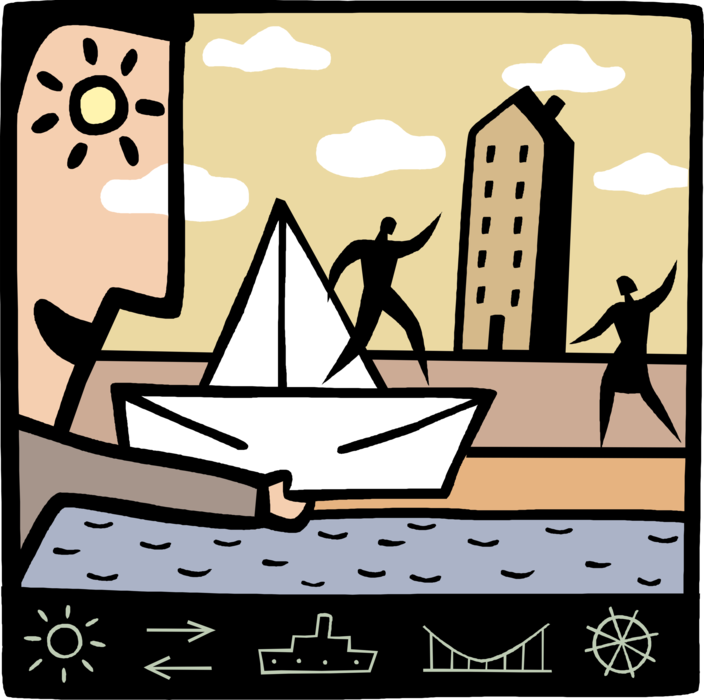 Vector Illustration of Launching Toy Paper Boat on Waterway