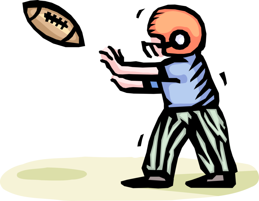 Vector Illustration of Child Football Player with Helmet Catches Football Ball