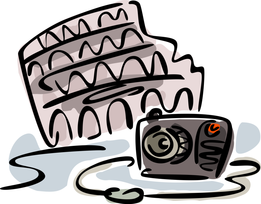 Vector Illustration of Tourist Camera and Roman Forum Colosseum or Coliseum Flavian Amphitheatre in Rome, Italy