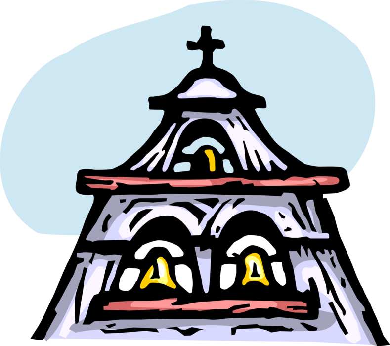 Vector Illustration of Christian Church Cathedral House of Worship Bell Tower with Bells and Crucifix Cross