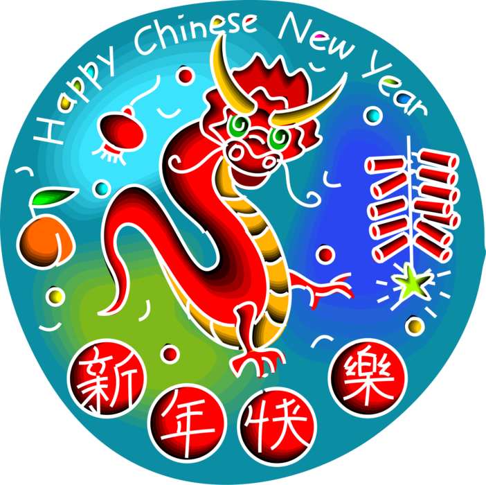 Vector Illustration of Chinese New Year Dragon Dance Festive Celebration with Fireworks
