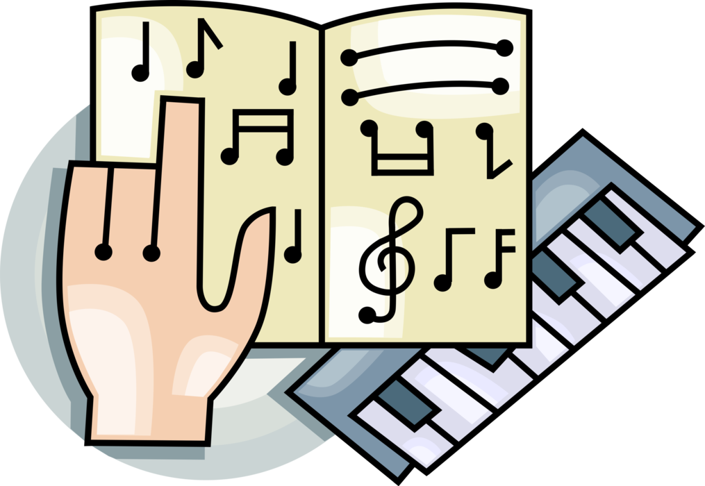 Vector Illustration of Hand Points to Sheet Music Notes with Piano Keyboard
