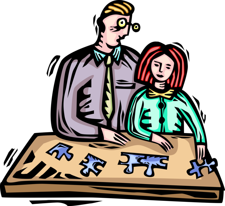 Vector Illustration of Involved Attentive Parent Father Helps Daughter Build Puzzle