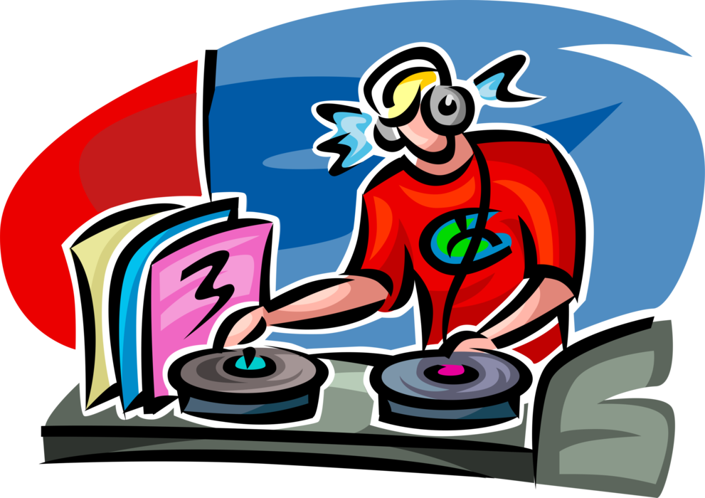 Vector Illustration of Disc Jockey DJ Deejay Mixes Recorded Music for Live Audience