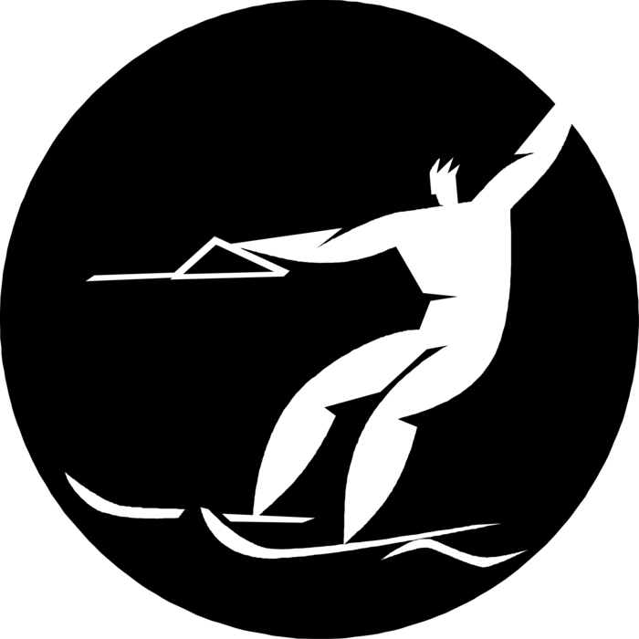 Vector Illustration of Water Skier Shows Off While Skiing on Skies with Towline Rope Behind Boat