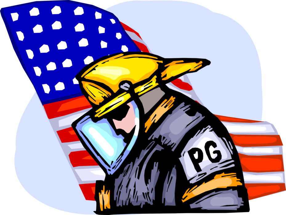 Vector Illustration of Firefighter Fireman Pays Tribute in Moment of Silence with American Flag to Disaster Victims
