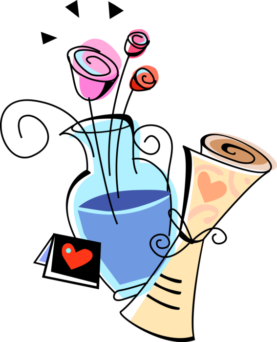 Vector Illustration of Valentine's Day Sentimental Gift Rose Cut Flowers in Vase Expression of Affection