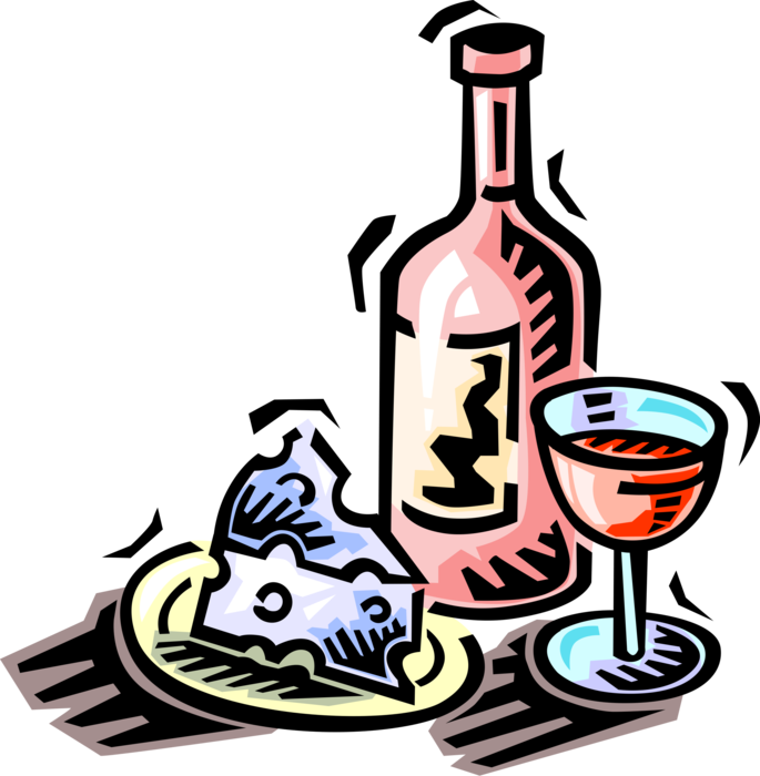 Vector Illustration of Wine Bottle Alcohol Beverage and Glass with Dairy Cheese