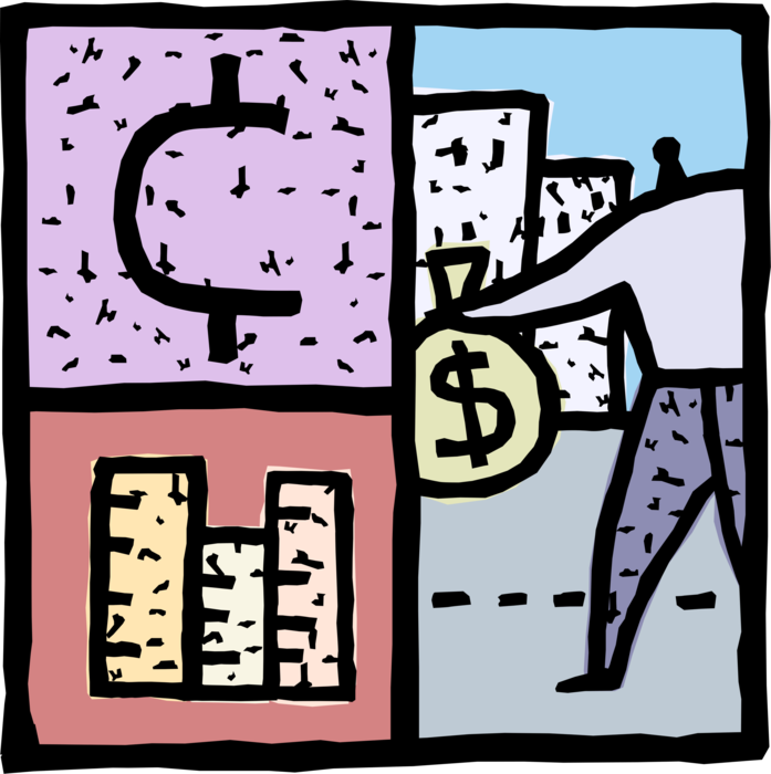 Vector Illustration of Financial Investor with Money Bag, Cent Sign and Business Chart