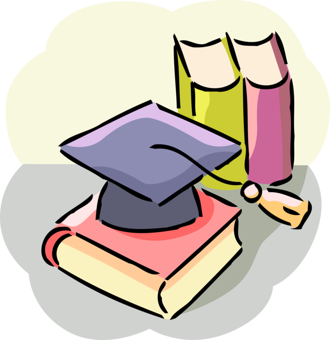 Vector Illustration of High School, College and University Graduation Mortarboard Cap with Textbook Books