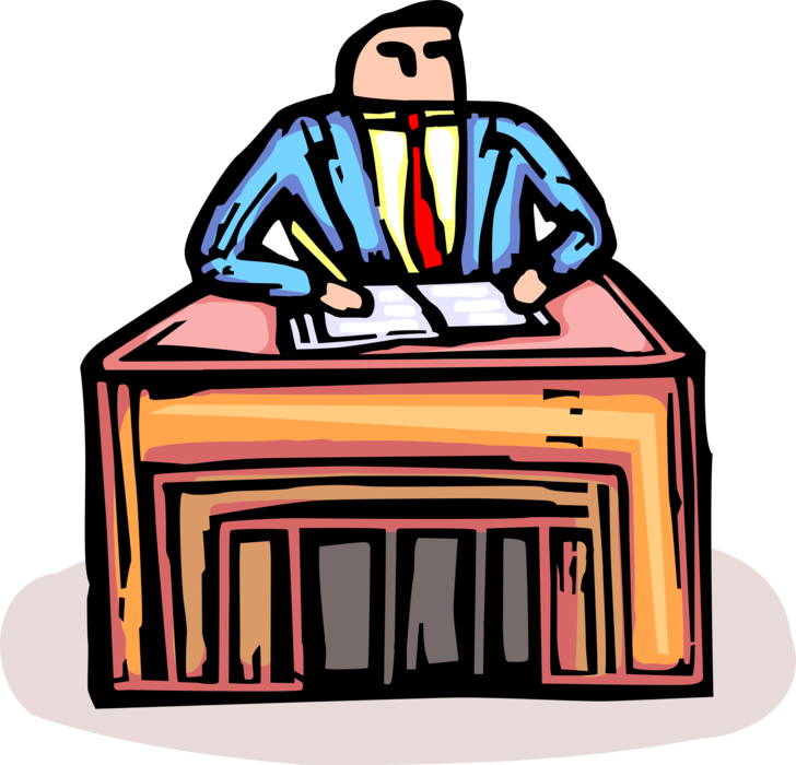 Vector Illustration of Businessman Works at Office Desk