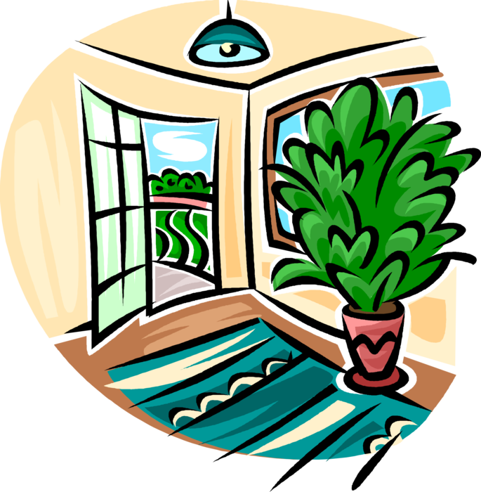 Vector Illustration of Potted Houseplant Tree with Door Opening onto Patio