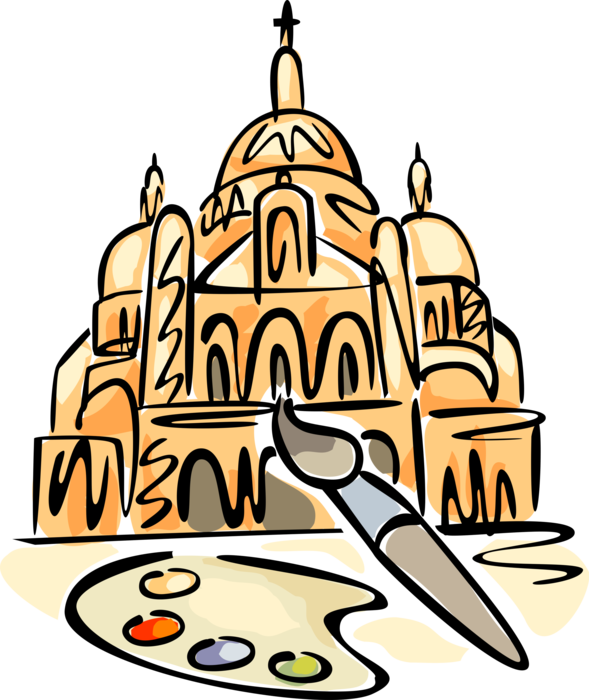 Vector Illustration of Visual Arts Artist's Paintbrush and Palette Paints Christian Religion Cathedral Church Building