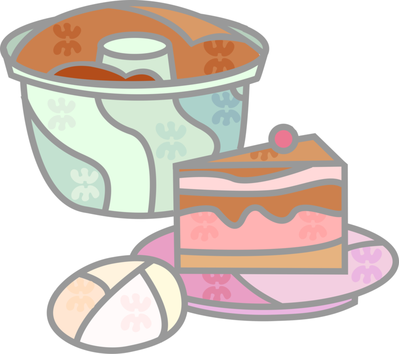 Vector Illustration of Sweet Dessert Baked Cake Slice on Plate with Egg