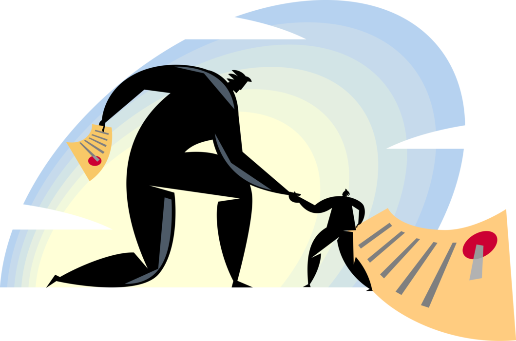 Vector Illustration of Disproportional Business Competitors Shaking Hands with Legal Contracts