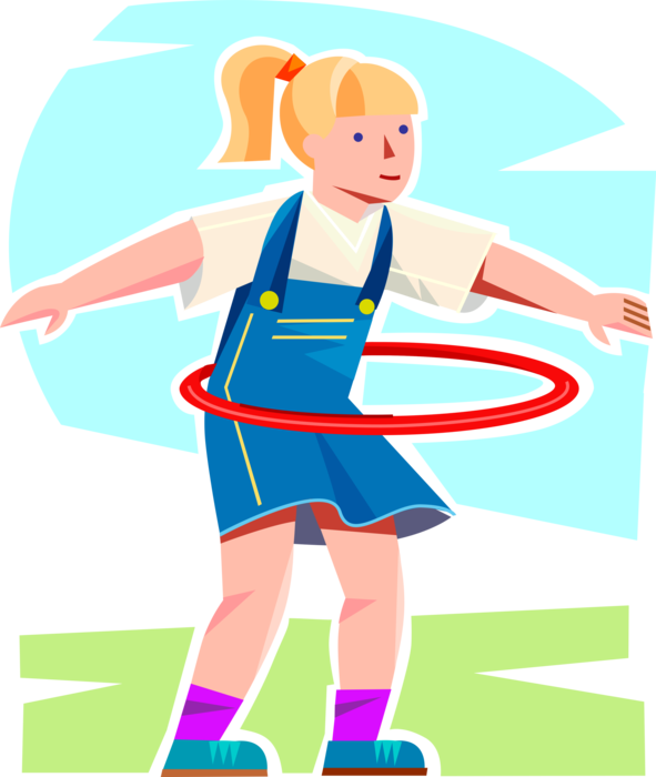 Vector Illustration of Primary or Elementary School Student Girl Plays with Twirling Hula Hoop