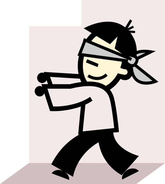 Vector Illustration of Blindfolded Man Walks with Arms Outstretched
