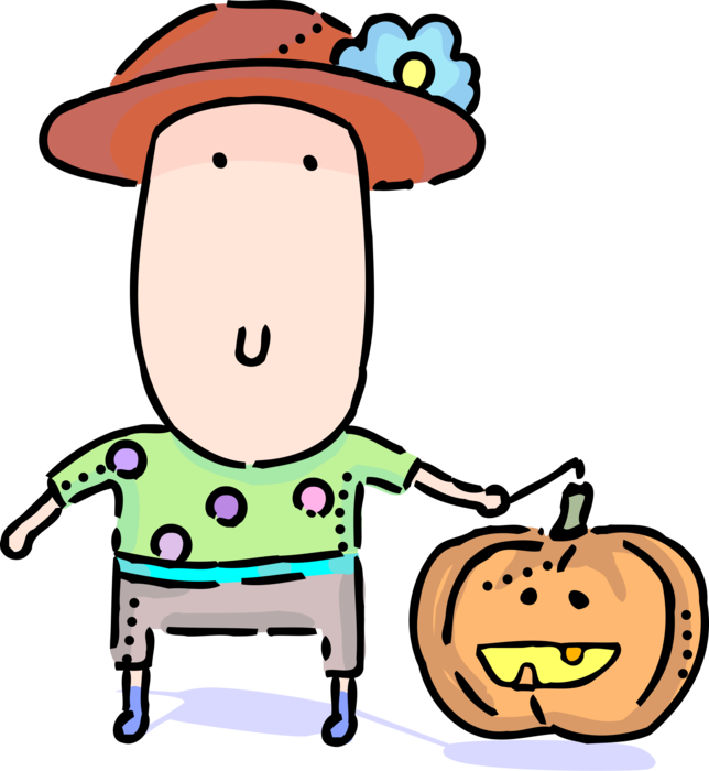 Vector Illustration of Halloween Trick or Treater in Costume with Jack-o'-lantern Carved Pumpkin