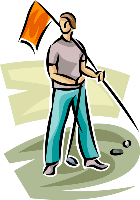 Vector Illustration of Sport of Golf Golfer Holds Flag on Green During Golfing Game
