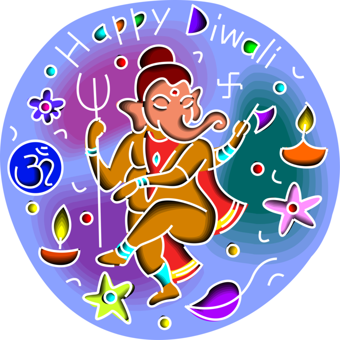 Vector Illustration of Diwali Candle Festival of Lights in India Celebrated in Autumn Invites Lakshmi with Ganesha Ganapati Elephant God