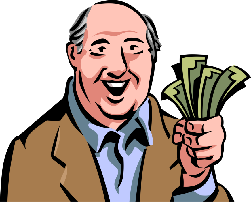Vector Illustration of Well to Do Elderly Senior Citizen with Fistful of Cash Money Dollars