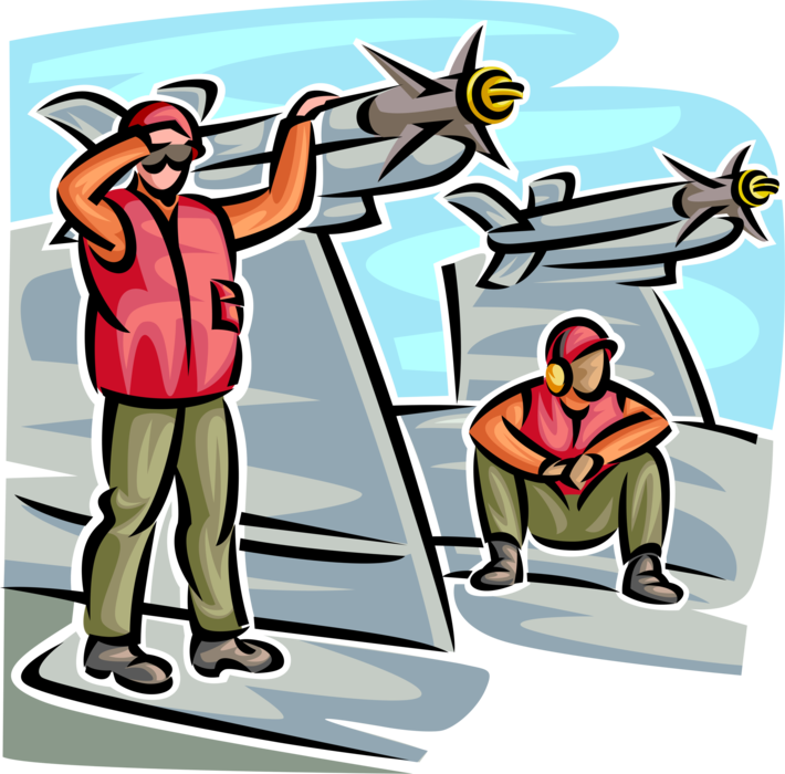 Vector Illustration of United States Navy Aircraft Carrier Air Operation Flight Deck Crew Load Ordnance Missiles