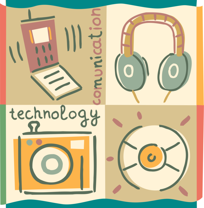 Vector Illustration of Communications Technology with Optical Photography Camera, Headphones, DVD Multimedia Digital Storage