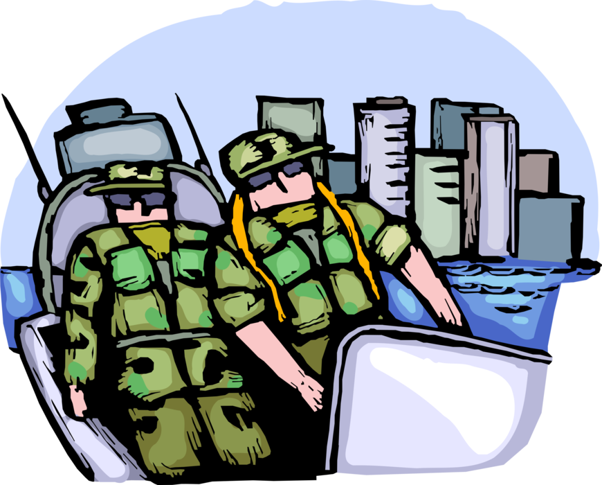 Vector Illustration of Homeland Security Personnel Patrol Waterways in Watercraft Boat