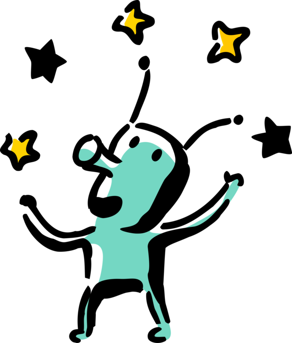 Vector Illustration of Extraterrestrial Space Alien Juggler Juggles Stars
