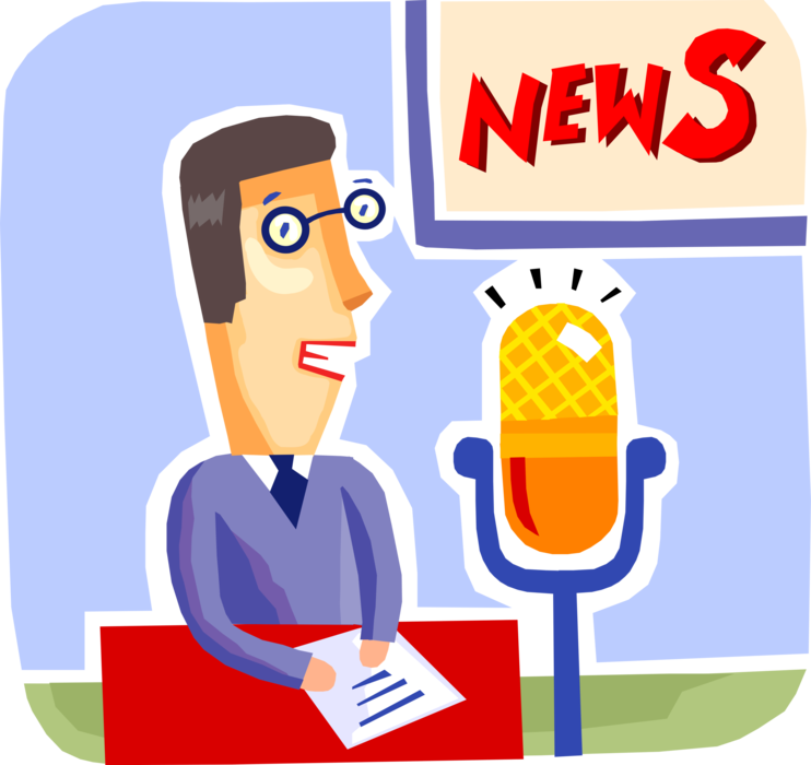 Vector Illustration of Television News Anchorman Reads News in TV Studio with Microphone