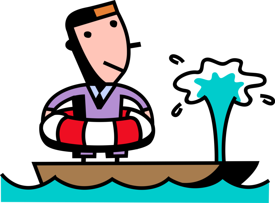 Vector Illustration of Businessman Abandons Sinking Boat Watercraft with Life Ring Preserver Personal Flotation Device