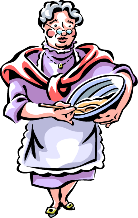 Vector Illustration of Grandmother Stirs Flour Dough for Baking Bakery Cakes and Cookies