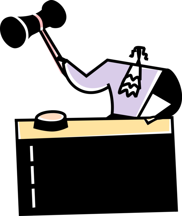 Vector Illustration of Judge Bangs Judge's Gavel Ceremonial Mallet to Punctuate Legal Ruling in Court of Law