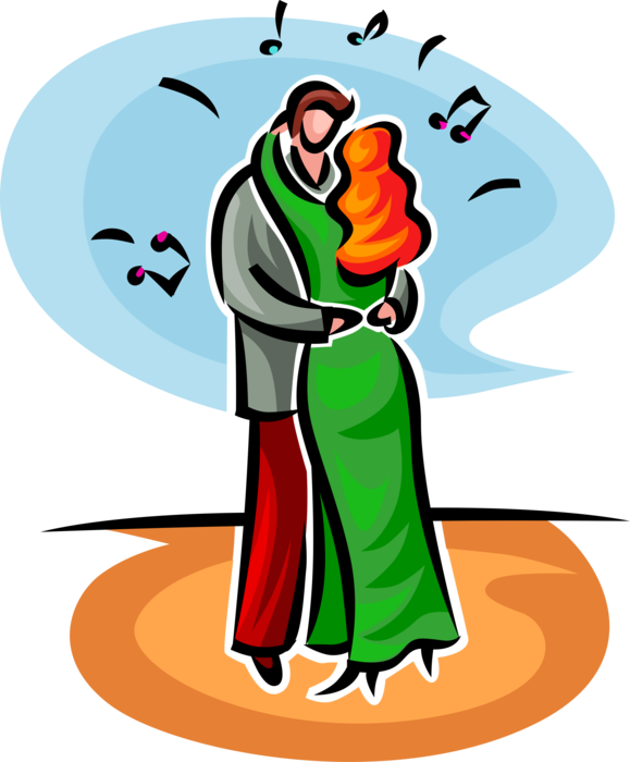 Vector Illustration of Romantic Couple Dancing Close on Dance Floor to Music