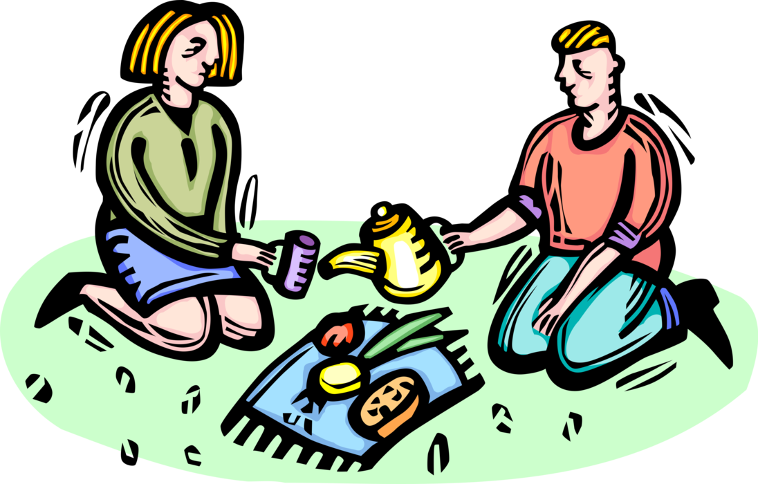 Vector Illustration of Romantic Dating Couple Enjoy Summer Picnic Lunch on Blanket in Park