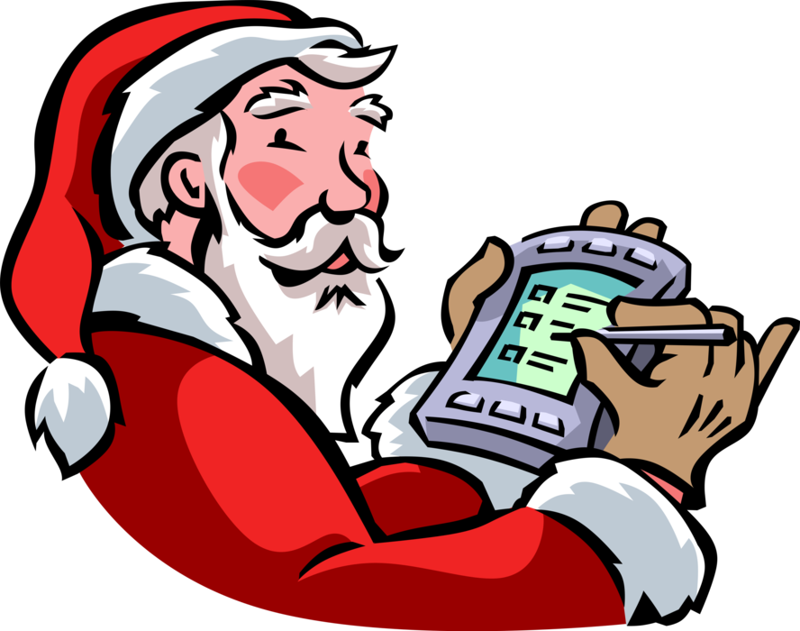 Vector Illustration of Santa Claus Using Personal Digital Assistant with Stylus to Track Christmas Wishes