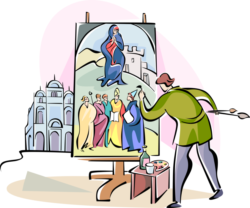 Vector Illustration of Italian Artist Painter Paints Religious Scene with Brush and Canvas