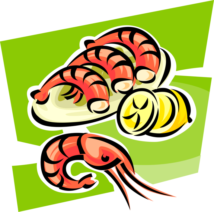 Vector Illustration of Decapod Marine Crustacean Prawn Shrimp Shellfish Seafood with Lemon Slices