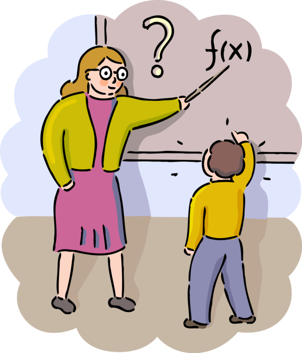 Vector Illustration of Math Teacher Teaching Student Mathematics Problem with Pointer at Blackboard Chalkboard