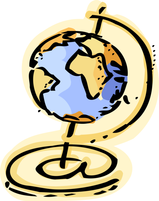 Vector Illustration of Email Symbol and Three-Dimensional, Spherical, Scale Model Terrestrial Geographical World Globe