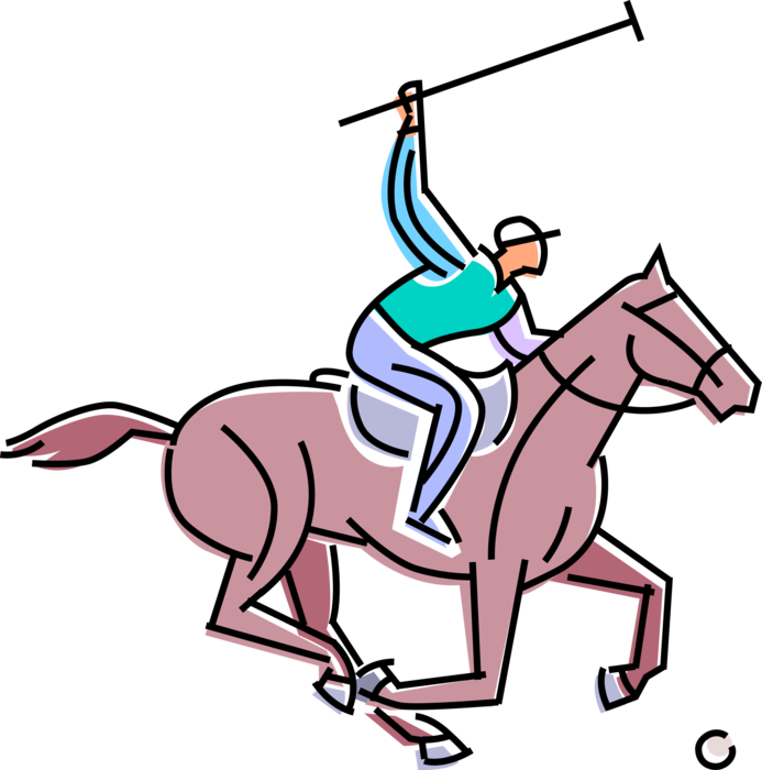 Vector Illustration of Equestrian Polo Player Rides Horse in Game and Strikes Ball
