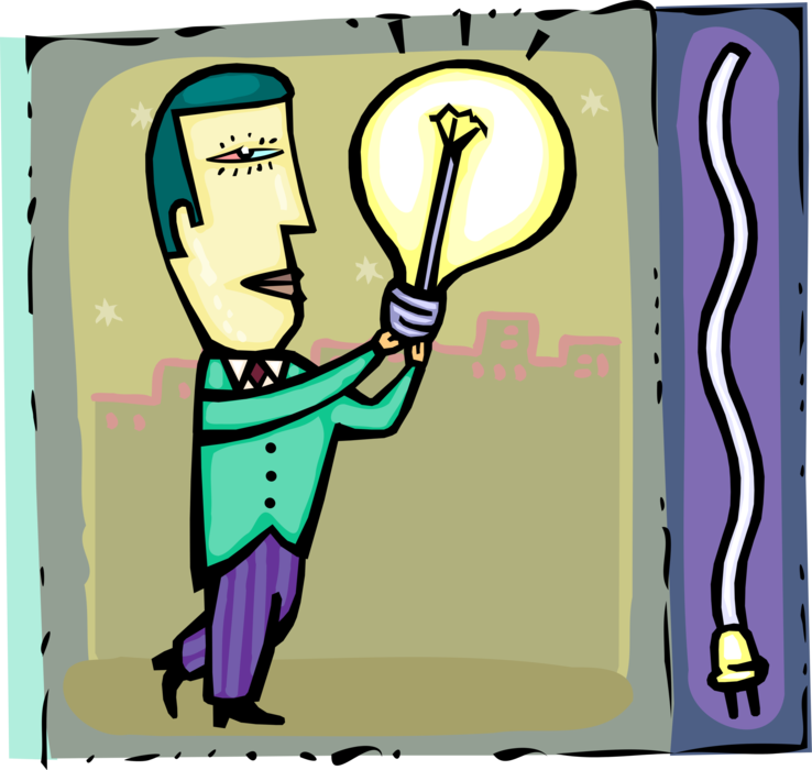 Vector Illustration of Businessman Holds Electric Light Bulb Symbol of Invention, Innovation, and Good Ideas
