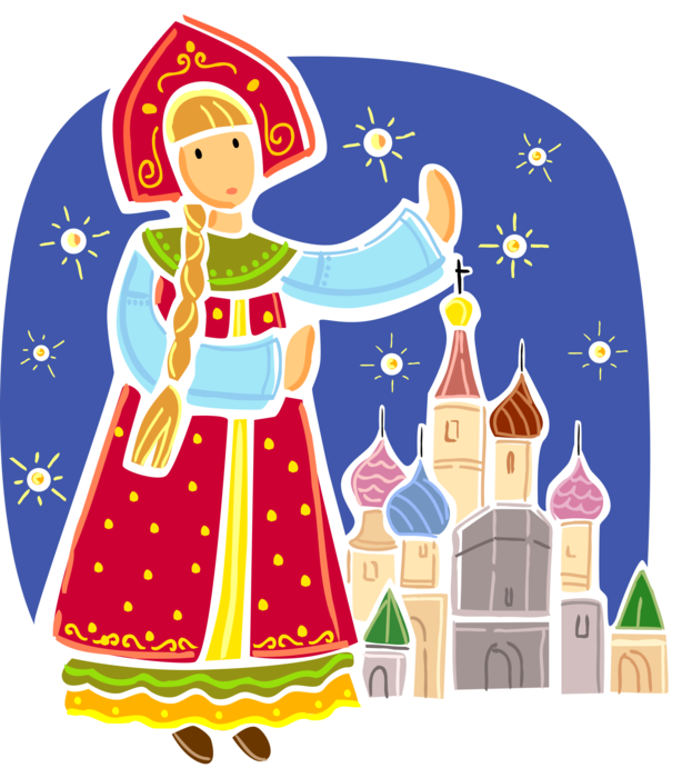 Vector Illustration of Traditional Russian Dunyasha Slavic Dress with St. Basil's Cathedral, Red Square, Moscow, Russia