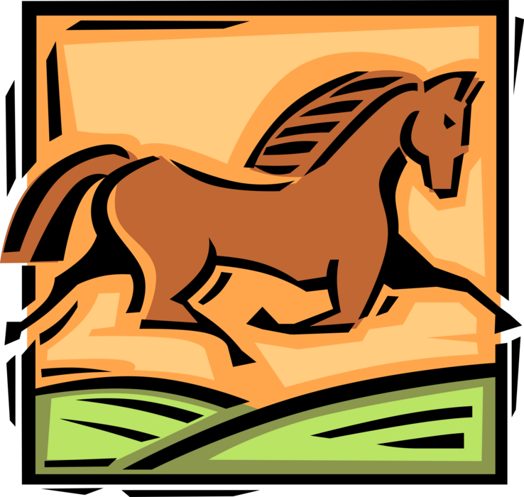 Vector Illustration of Equestrian Galloping Horse Runs in Country Meadow