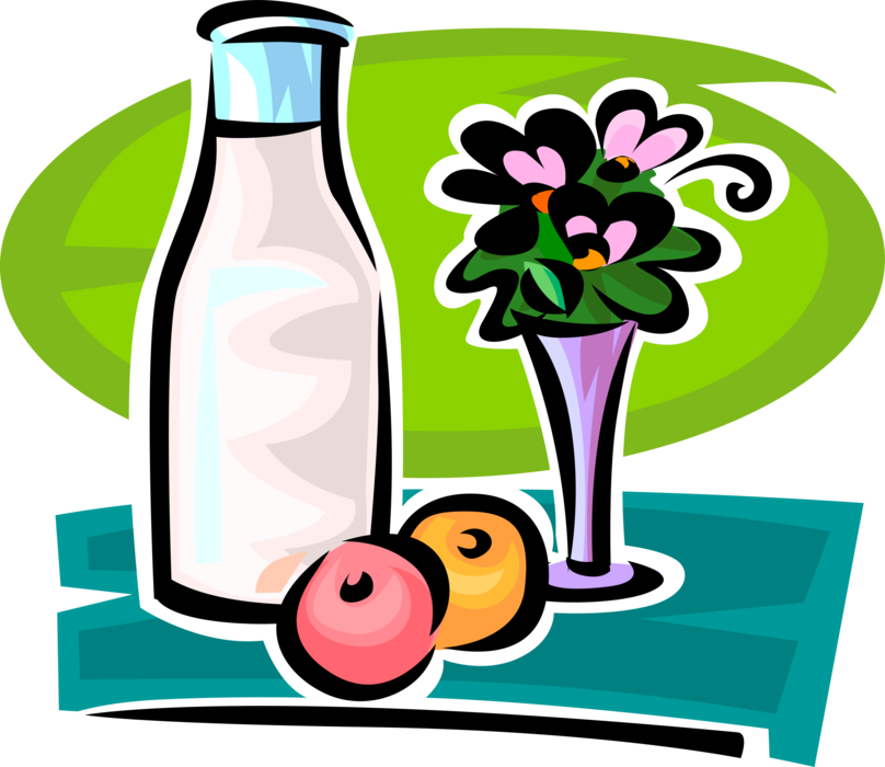 Vector Illustration of Bottle of Fresh Dairy Milk with Flowers in Vase and Fruit