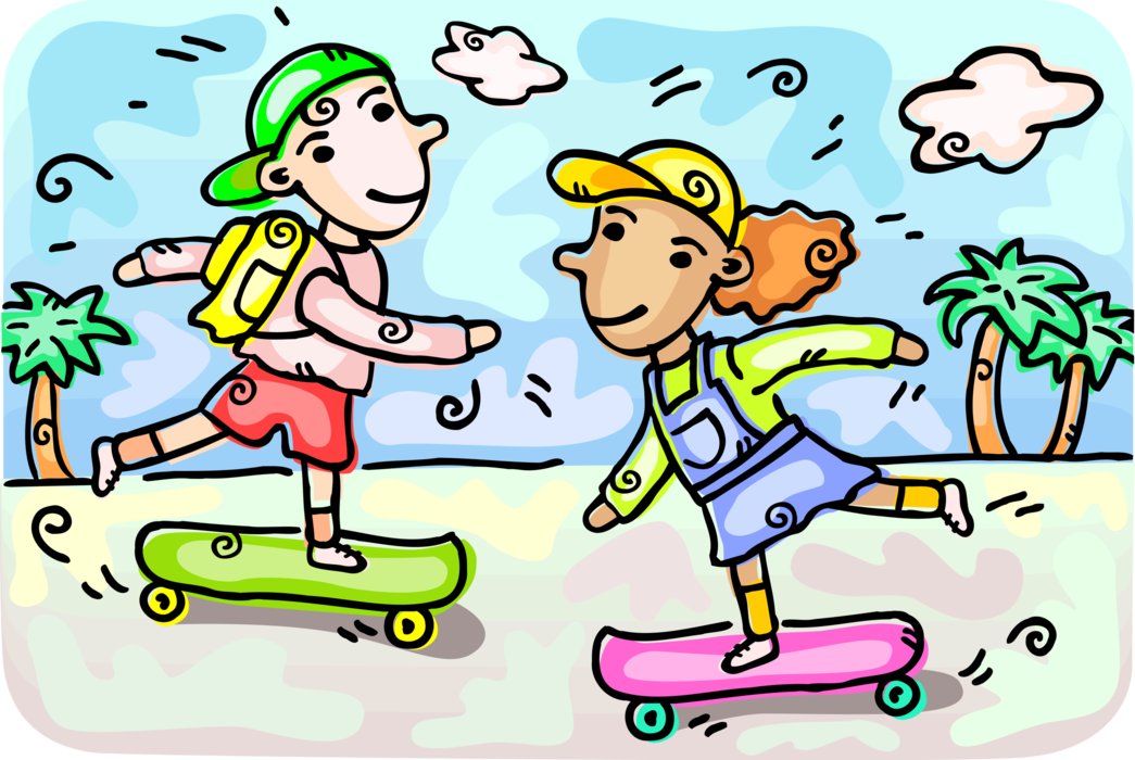 Vector Illustration of Childhood Friend Skateboarders at Play Skateboarding Outdoors on Skateboards